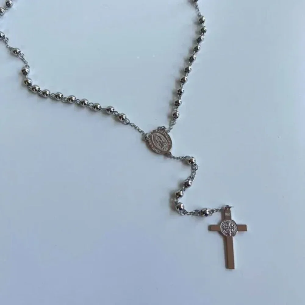 y2k 2000s chrome silver rosary bead necklace